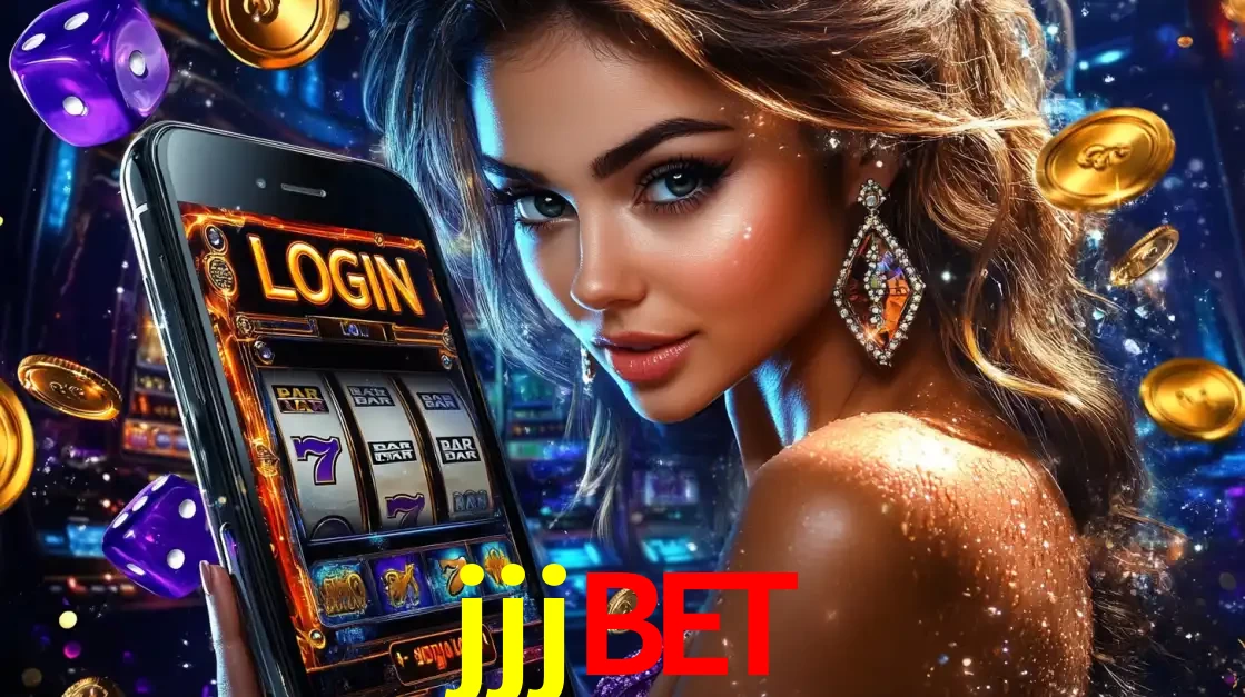 Mulher glamorosa segurando um smartphone com a tela de login para os jogos de caça-níqueis do cassino online jjjbet, com moedas de ouro e dados ao redor.