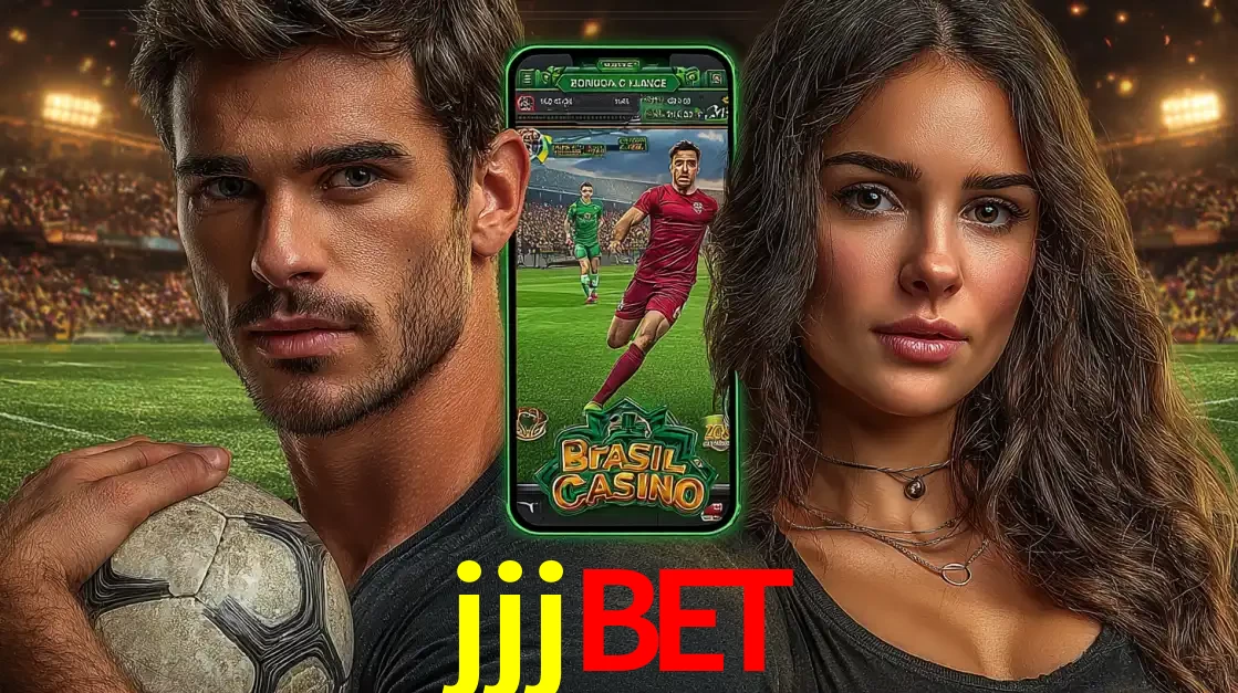 Homem segurando uma bola de futebol e uma mulher ao lado de um smartphone exibindo o jogo de apostas esportivas da jjjbet. Faça seu palpite no cassino online.